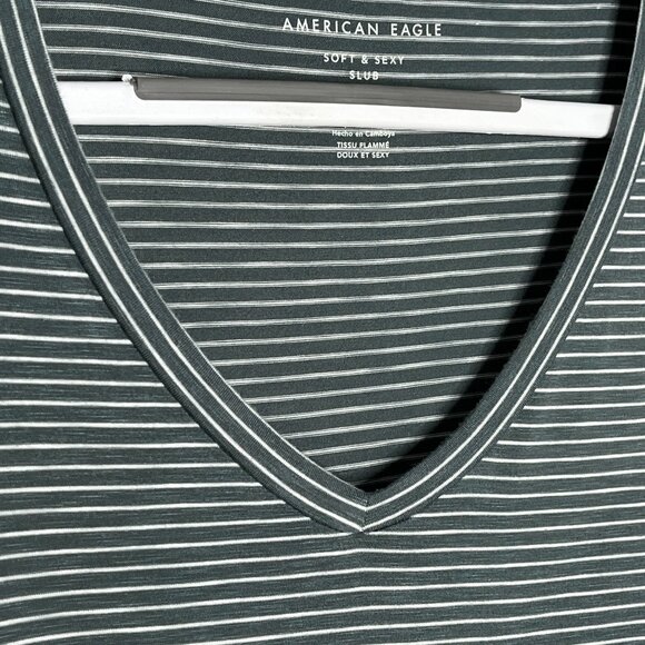 American Eagle Top Womens Small T Shirt Soft Sexy Slub Green Striped Casual Tee - Picture 5 of 11